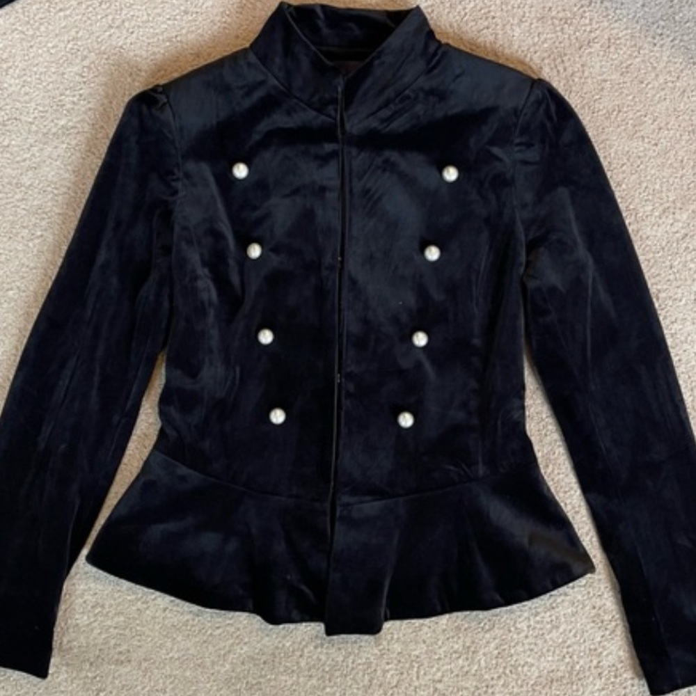 Amaryllis Black Velvet Military Style Peplum Jacket with Pearl Buttons - Picture 3 of 5